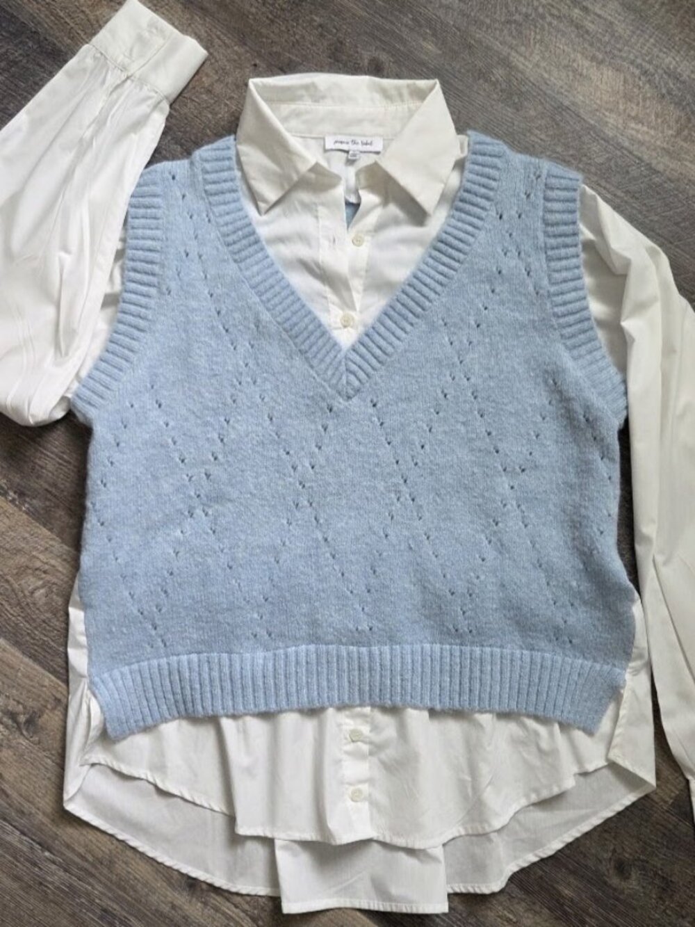 Twofer Sweater Light Blue w/ White Shirt Accents Sz Med by jacquie the label